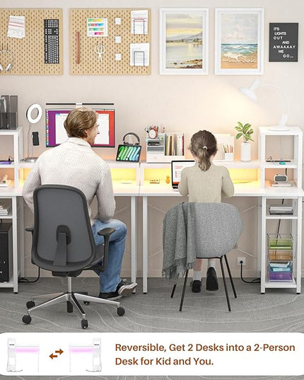armocity 2024 Upgrade Gaming Desk with LED Lights, Small Computer Desk with Long Monitor Stand, 40'' Reversible Laptop Table with Storage Shelves, Small Desk for Small Spaces, Gaming Room, White - LeafyLoom