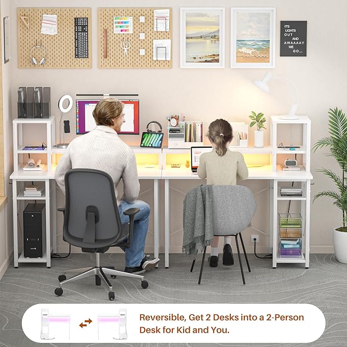 armocity 2024 Upgrade Gaming Desk with LED Lights, Small Computer Desk with Long Monitor Stand, 40'' Reversible Laptop Table with Storage Shelves, Small Desk for Small Spaces, Gaming Room, White - LeafyLoom