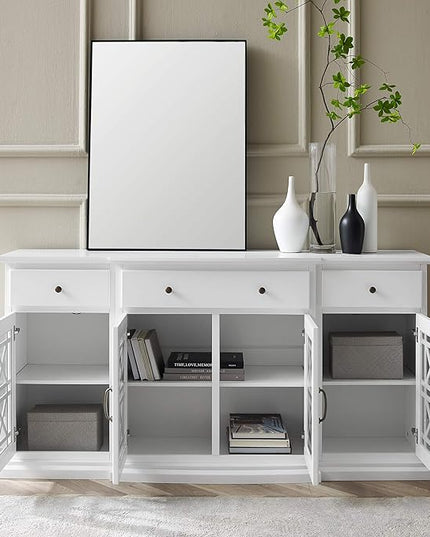 Walker Edison Ronne 4 Door-Sideboard with Fretwork Detail, 60 Inch, White - LeafyLoom