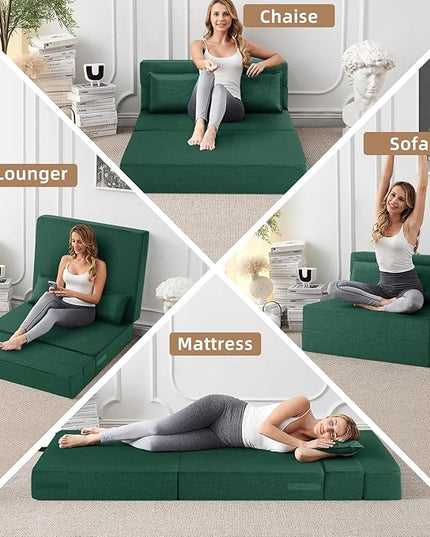 Convertible Folding Sofa Bed-Sleeper Chair with Pillow, Modern Linen Fabric Floor & Futon Couch, Foldable Mattress for Living Room/Dorm/Guest Use/Home Office/Apartment, Full Size,Dark Green - LeafyLoom