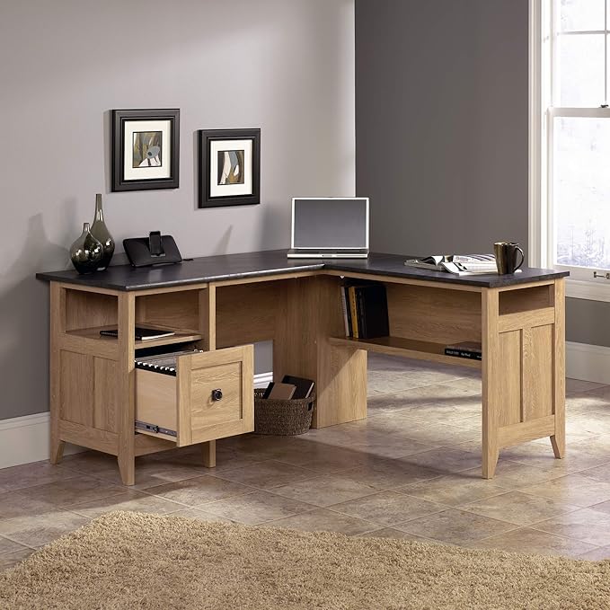 Sauder August Hill L-Shaped Desk, L: 59.06" x W: 58.74" x H: 29.25", Dover Oak finish - LeafyLoom