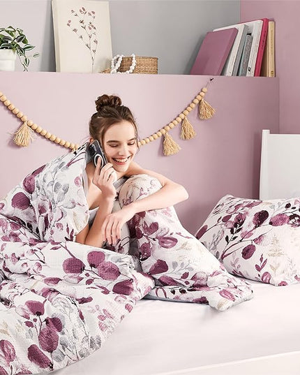Codi Floral Twin Comforter Set for Teen Girls, Spring Lavender Bedding Sets with Soft Seersucker 2pcs - 1 Flower Comforters and 1 Pillows Case, Lilac Purple - LeafyLoom