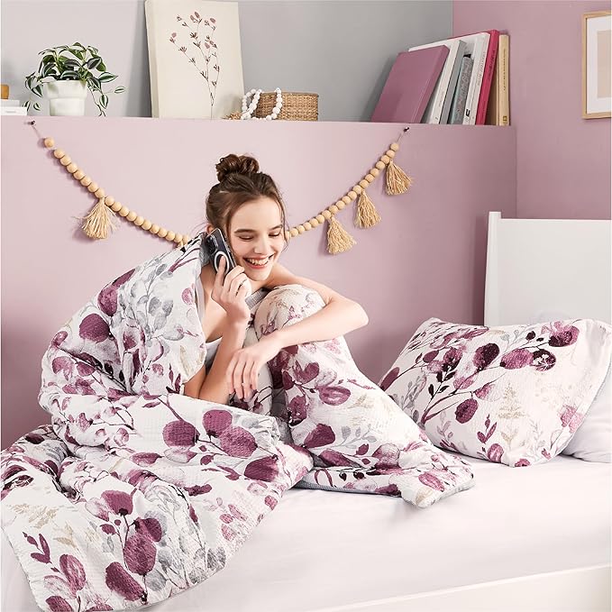 Codi Floral Twin Comforter Set for Teen Girls, Spring Lavender Bedding Sets with Soft Seersucker 2pcs - 1 Flower Comforters and 1 Pillows Case, Lilac Purple - LeafyLoom