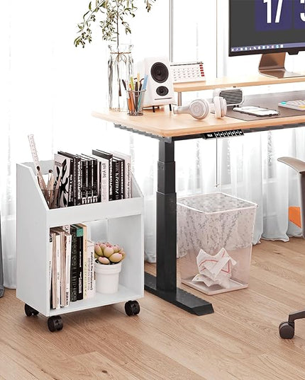 2-Tier Mobile Bookshelf, White Bookcase with Wheels, Rolling File Holder Desk File Book Organizer for Home Office Living Room School - LeafyLoom