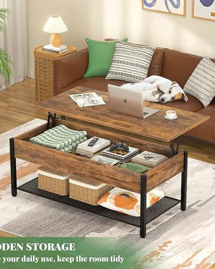 Homieasy Coffee Table, Lift Top Coffee Table with Storage Shelf and Hidden Compartment, Modern Lift Top Table for Living Room, Wood Lift Tabletop, Metal Frame - Rustic Brown - LeafyLoom