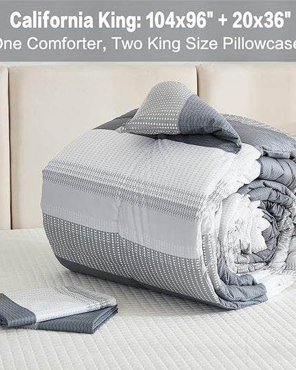 Litanika Light Grey California King Comforter Set, 3 Pieces Cal King Lightweight Gray White Colorblock Stripe Bedding Comforter Sets, Fluffy Bed Set - LeafyLoom