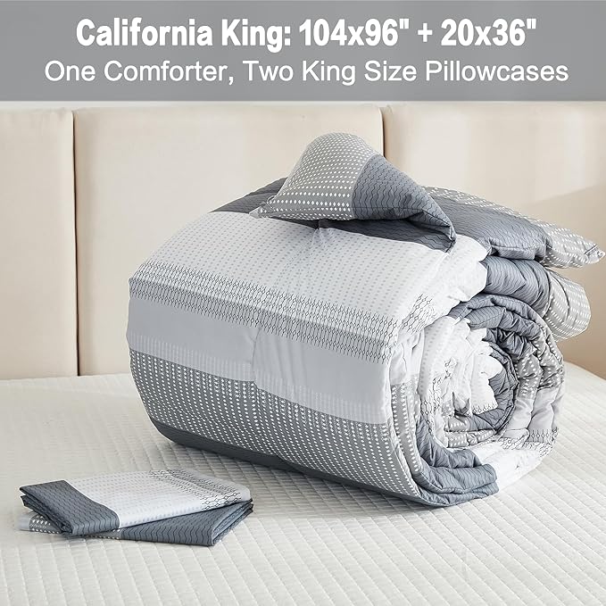 Litanika Light Grey California King Comforter Set, 3 Pieces Cal King Lightweight Gray White Colorblock Stripe Bedding Comforter Sets, Fluffy Bed Set - LeafyLoom
