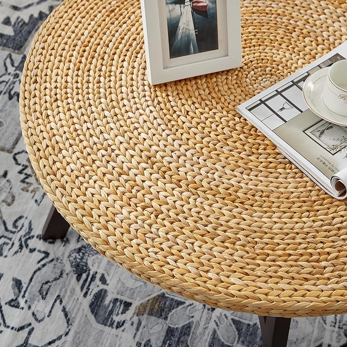 Coffee Table Round, Seagrass Coffee Tables,Pine Wood X Base Frame Cocktail Table, Easy Assembled, Multiple Sizes for Living Room, Solid Wood Table,32 x 17 Inches,Natural - LeafyLoom