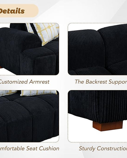 104" 4 Seaters Cloud Modular Corduroy Upholstery Sectional, Modern Living Room Upholstered Furniture Deep Seat Sofa & Couch with 4PCS Pillows and Rubber Wood Legs for Home Office Apartment, Black - LeafyLoom