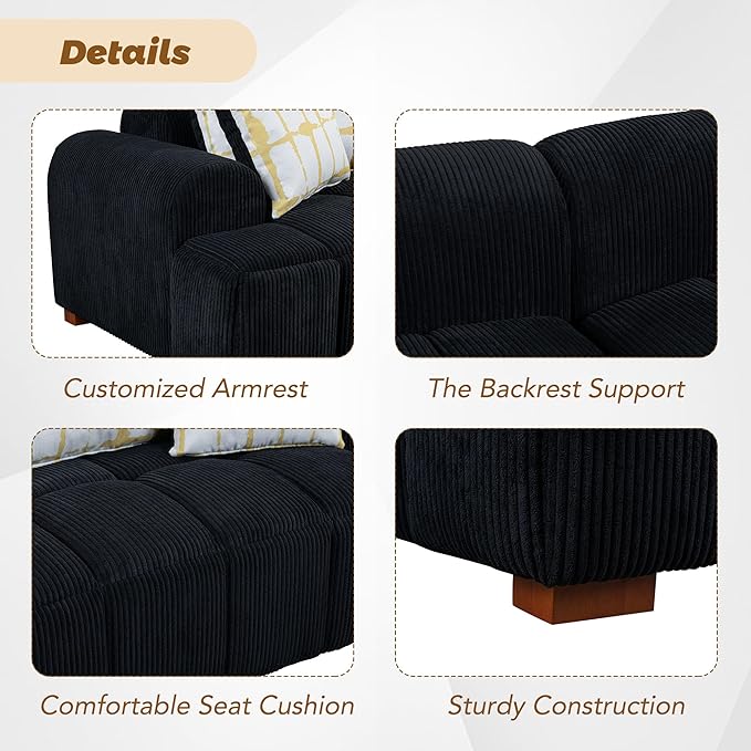 104" 4 Seaters Cloud Modular Corduroy Upholstery Sectional, Modern Living Room Upholstered Furniture Deep Seat Sofa & Couch with 4PCS Pillows and Rubber Wood Legs for Home Office Apartment, Black - LeafyLoom