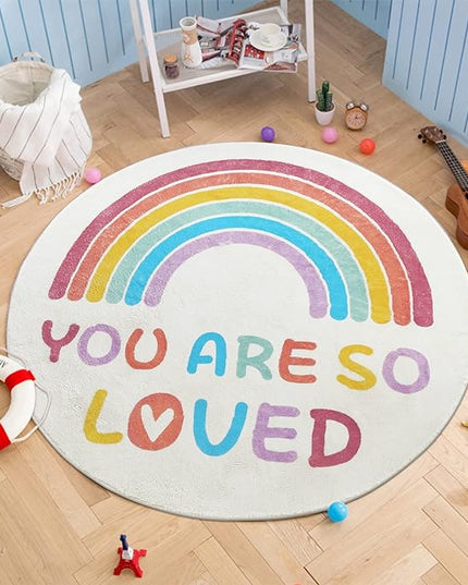 Topotdor Rainbow Round Rug for Girls Bedroom,Colorful Boho Decor Nursery Area Rug,Ultra Soft Machine Washable Kids Play Mat,63" Round - LeafyLoom