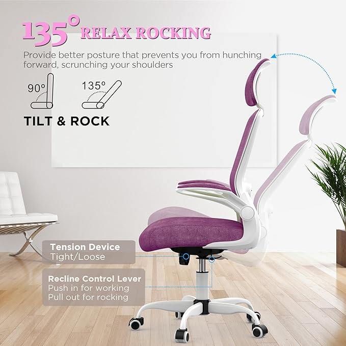 Mimoglad Office Chair, High Back Ergonomic Desk Chair with Adjustable Lumbar Support and Headrest, Swivel Task Chair with flip-up Armrests for Guitar Playing, 5 Years Warranty - LeafyLoom