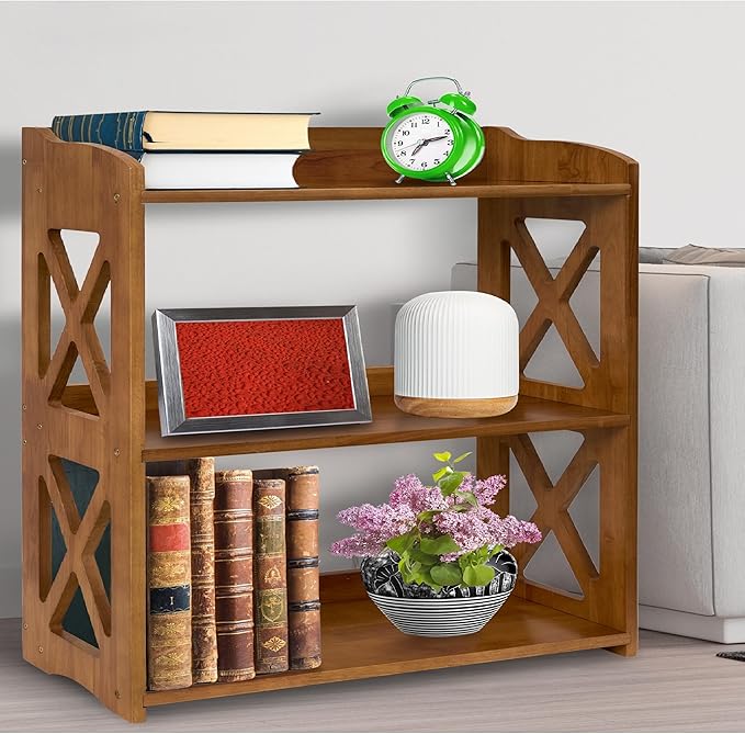 Bookcase by Natural Wood, 3 Tier Bookshelf, Small Book Shelves Freestanding Display Storage Shelves. Open Bookshelf for Bedroom, Living Room and Office (Brown, 3 Tier) - LeafyLoom