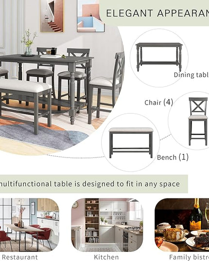 Dining Table Set for 6, 6-Piece Counter Height Kitchen Table Set with 4 Upholstered Chairs, Bench and Storage Shelf, Dining Room Table Set for Kitchen, Living Room, Grey+Beige - LeafyLoom