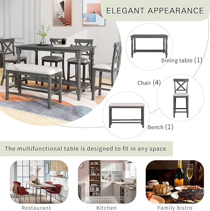 Dining Table Set for 6, 6-Piece Counter Height Kitchen Table Set with 4 Upholstered Chairs, Bench and Storage Shelf, Dining Room Table Set for Kitchen, Living Room, Grey+Beige - LeafyLoom