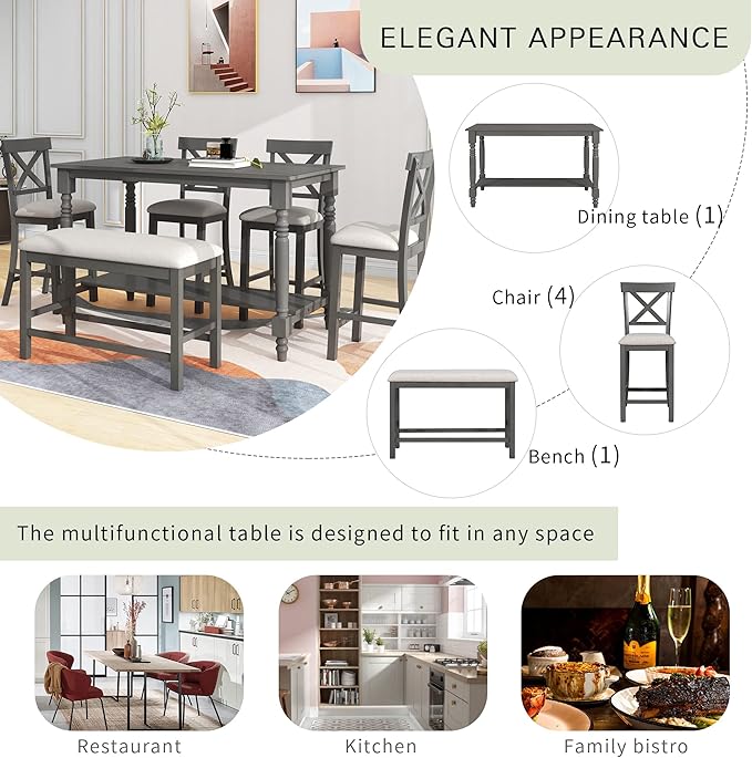 6-Piece Wood Counter Height Dining Set, Rectangular Table with Shelf, 4 Chairs and Bench for Kitchen, Breakfast Nook, Living Room, Gray, 60" L x 29.5" W x 36" H - LeafyLoom