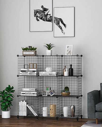 Wolizom Wire Cube Storage, Metal Grids Shelves Bookshelf, Stackable Modular Shelving Organizer, DIY Closet Bookcase Bookshelf, Grid Storage Shelf for Bedroom, Living Room, Office (Black, 9 Cube) - LeafyLoom