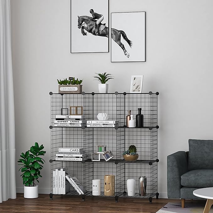 Wolizom Wire Cube Storage, Metal Grids Shelves Bookshelf, Stackable Modular Shelving Organizer, DIY Closet Bookcase Bookshelf, Grid Storage Shelf for Bedroom, Living Room, Office (Black, 9 Cube) - LeafyLoom