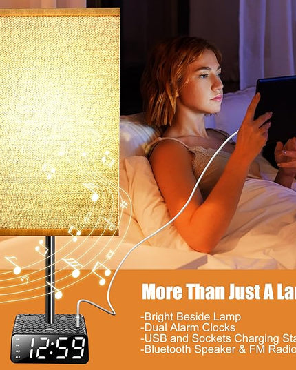 Table Lamp with Alarm Clock Base,Yostyle Bedside Lamp,2 USB & 1 AC Power Outlets, FM Radio & Speaker 6Ft Extension Cord - Square Oatmeal Fabric Lampshade,Touch Control Ideal for Bedrooms Living Rooms - LeafyLoom