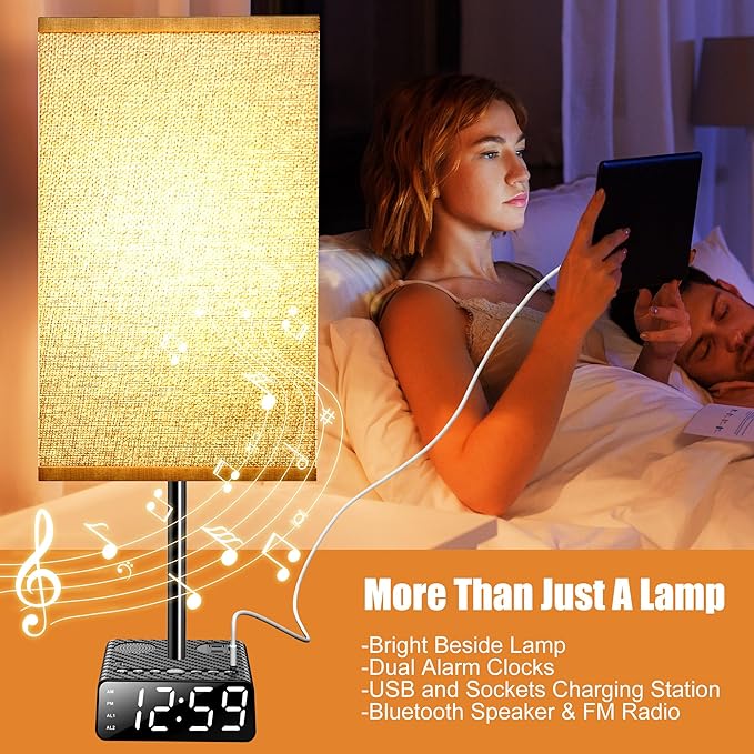 Table Lamp with Alarm Clock Base,Yostyle Bedside Lamp,2 USB & 1 AC Power Outlets, FM Radio & Speaker 6Ft Extension Cord - Square Oatmeal Fabric Lampshade,Touch Control Ideal for Bedrooms Living Rooms - LeafyLoom