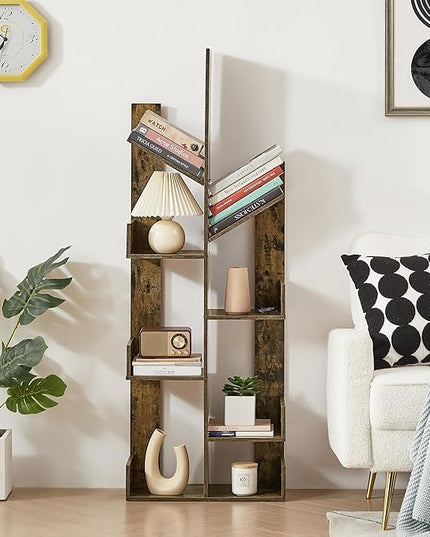 VECELO 8 Shelf Tree Bookcase,Wooden Tree Bookshelf Display with 8 Storage Shelves,Tree-Shaped Shelf Racks Organizer for Books,Magazines,CDs Decors for LivingRoom Bedroom Home Office,Rustic Brown - LeafyLoom