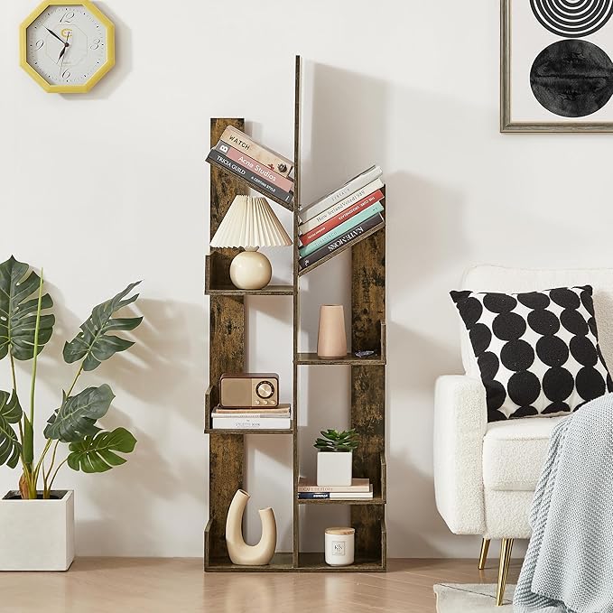 VECELO 8 Shelf Tree Bookcase,Wooden Tree Bookshelf Display with 8 Storage Shelves,Tree-Shaped Shelf Racks Organizer for Books,Magazines,CDs Decors for LivingRoom Bedroom Home Office,Rustic Brown - LeafyLoom
