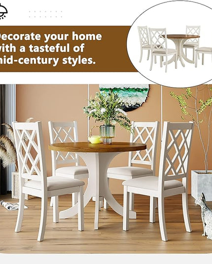 Mid-Century Style Round 4 Upholstered Chairs, Long-Lasting Solid Wood, Easy Clean & Assembly, Room, Kitchen, Small Place, 5 Piece Dining Table Set, Walnut 42 - LeafyLoom