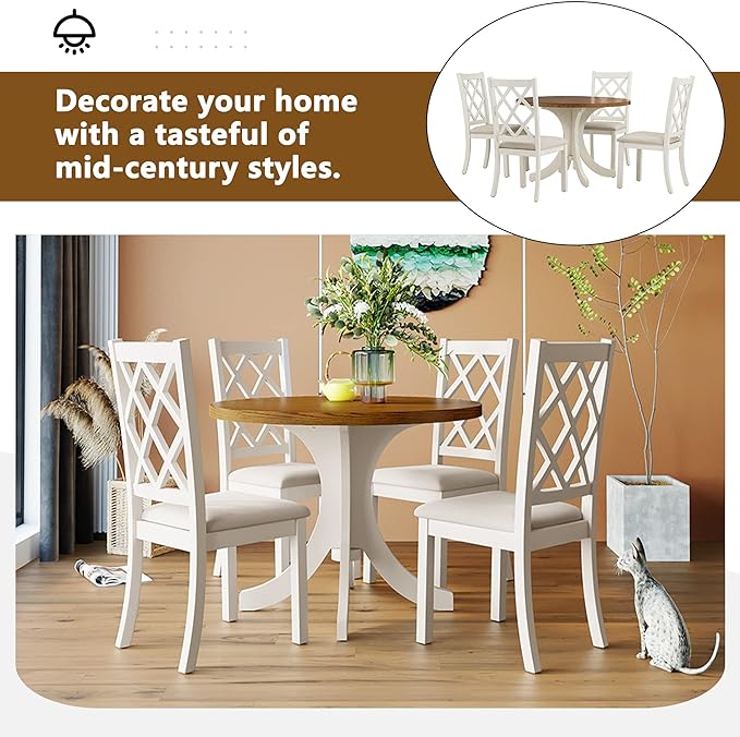 Mid-Century Style Round 4 Upholstered Chairs, Long-Lasting Solid Wood, Easy Clean & Assembly, Room, Kitchen, Small Place, 5 Piece Dining Table Set, Walnut 42 - LeafyLoom