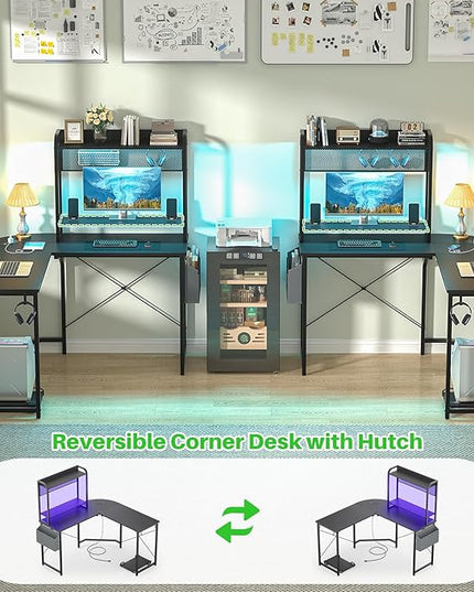 Small L Shaped Gaming Desk with Power Outlets, Corner Gaming Desk with LED Light, Reversible L-Shaped Desk with Monitor Stand & Hutch, L Shaped Desk Home Office Desk with Storage Bag, Black - LeafyLoom