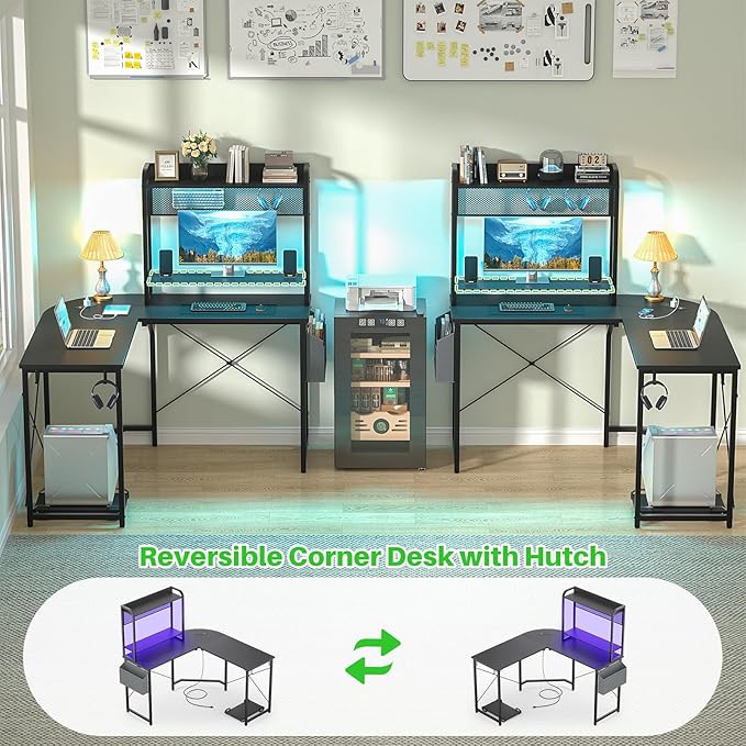 Small L Shaped Gaming Desk with Power Outlets, Corner Gaming Desk with LED Light, Reversible L-Shaped Desk with Monitor Stand & Hutch, L Shaped Desk Home Office Desk with Storage Bag, Black - LeafyLoom