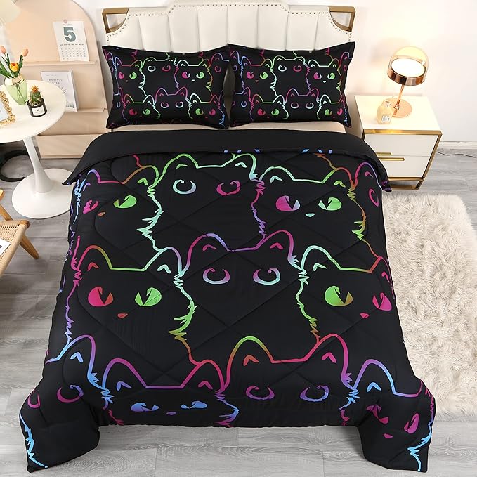ENCOFT Cats Bedding Set Black Comforter Set Twin for Girls and Boys Premium 3 Piece Cat Bed Set Comfortable and Breathable for Teens and Adults with 1 Comforter and 2 Pillowcases - LeafyLoom