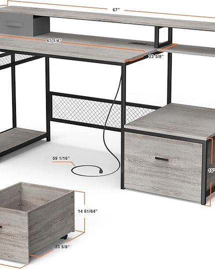 Home Office Desks with Drawers, 66'' Computer Desk with Storage, Office Desk with Monitor Stand, Work Desk with Outlets and USB, Gaming Table Desk with File Cabinet for Home Office Table, Grey - LeafyLoom