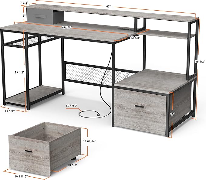 Home Office Desks with Drawers, 66'' Computer Desk with Storage, Office Desk with Monitor Stand, Work Desk with Outlets and USB, Gaming Table Desk with File Cabinet for Home Office Table, Grey - LeafyLoom