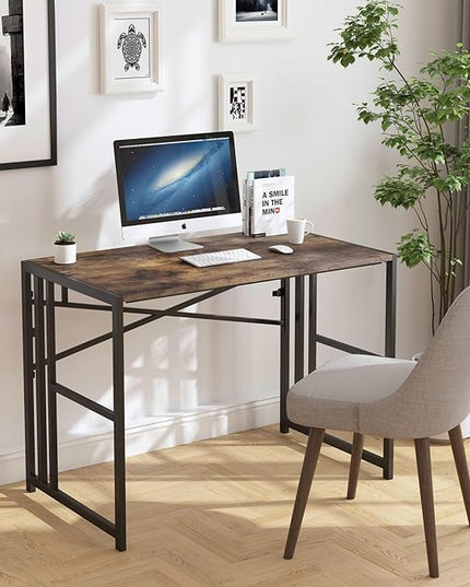 Folding Small Computer Desk, Foldable Space-Saving Home Office Table, Simple Study Writing Gaming Workstation for Small Space, No Assembly Needed, Rustic Brown - LeafyLoom