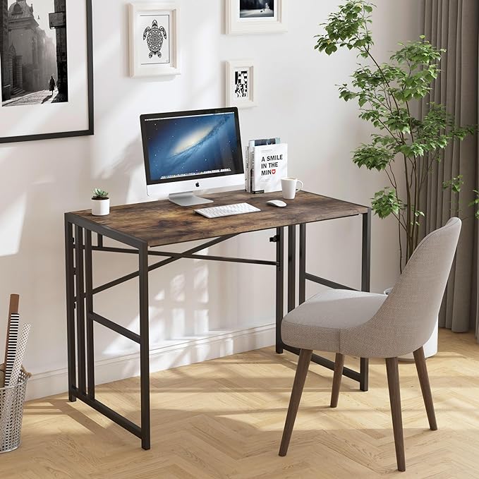 Folding Small Computer Desk, Foldable Space-Saving Home Office Table, Simple Study Writing Gaming Workstation for Small Space, No Assembly Needed, Rustic Brown - LeafyLoom