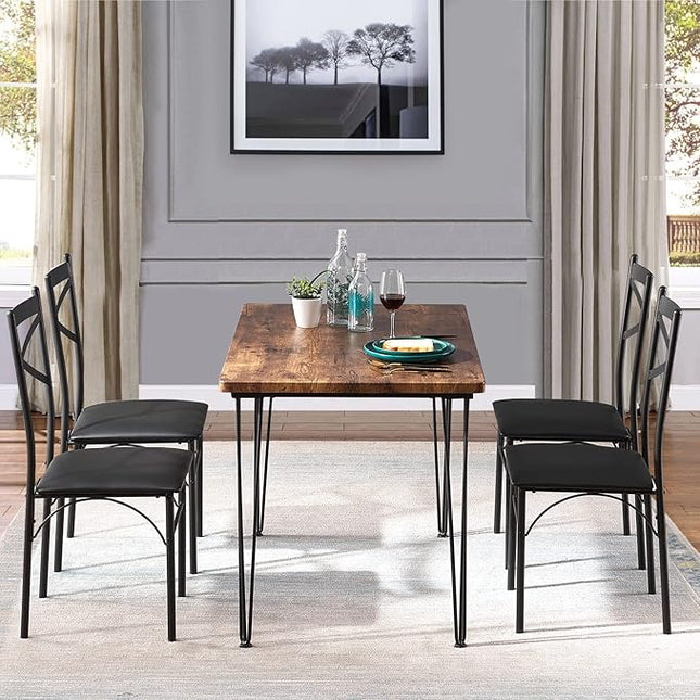 VECELO Kitchen Dining Room Table 4 Chairs for Small Space, Apartment,Metal Steel Frame, 5-Piece Set, Brown - LeafyLoom