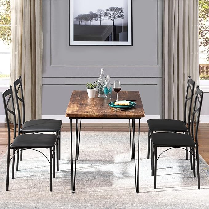VECELO Kitchen Dining Room Table 4 Chairs for Small Space, Apartment,Metal Steel Frame, 5-Piece Set, Brown - LeafyLoom