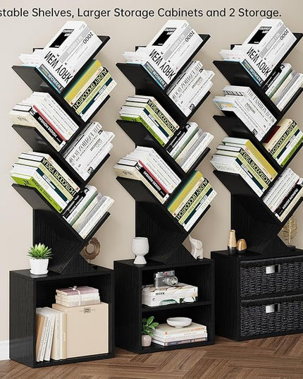 Vagusicc 6 Tier Tree Bookshelf, Modern Floor Standing Bookcase with Storage Drawer, Space Saving Storage Organizer Book Shelves for Books, Tall Wood Storage Rack for Bedroom/Living Room/Home Office - LeafyLoom