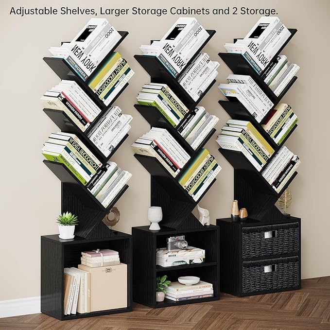 Vagusicc 6 Tier Tree Bookshelf, Modern Floor Standing Bookcase with Storage Drawer, Space Saving Storage Organizer Book Shelves for Books, Tall Wood Storage Rack for Bedroom/Living Room/Home Office - LeafyLoom