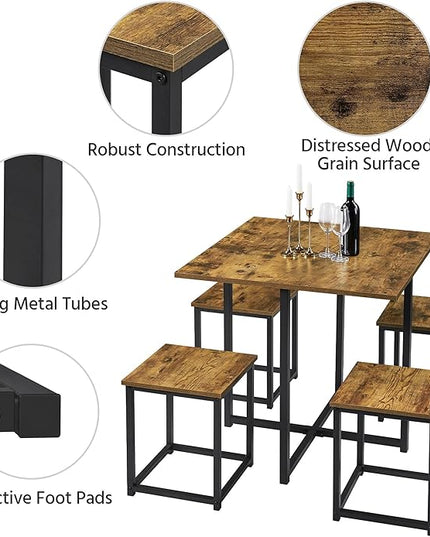 Yaheetech 5 Piece Dining Table & Chair Set - Compact Dining Table Sets Small Kitchen Table with 4 Stools for Dining Room Small Space -Rustic Brown - LeafyLoom