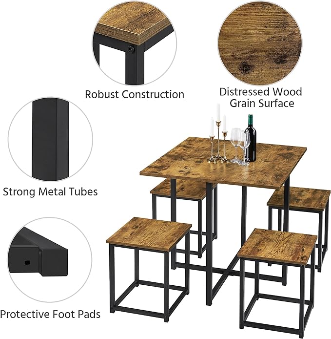 Yaheetech 5 Piece Dining Table & Chair Set - Compact Dining Table Sets Small Kitchen Table with 4 Stools for Dining Room Small Space -Rustic Brown - LeafyLoom