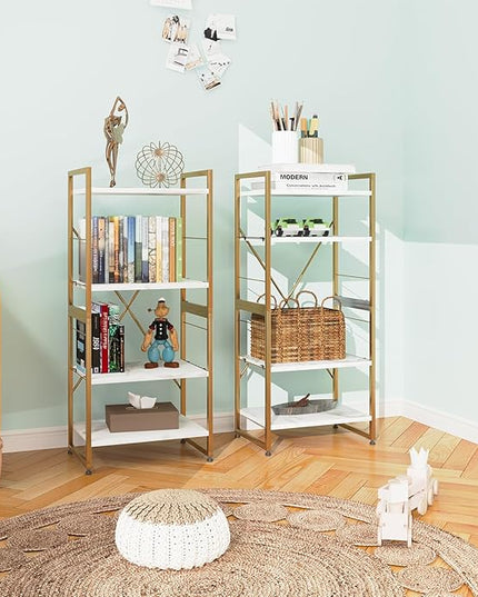 4 Tiers Bookshelf Adjustable White Faux Marble Organizer, Modern Small Bookcase for Small Space,Industrial Wooden Storage Display Rack and Storage Organizer for Living Room Home Office(Glod) - LeafyLoom