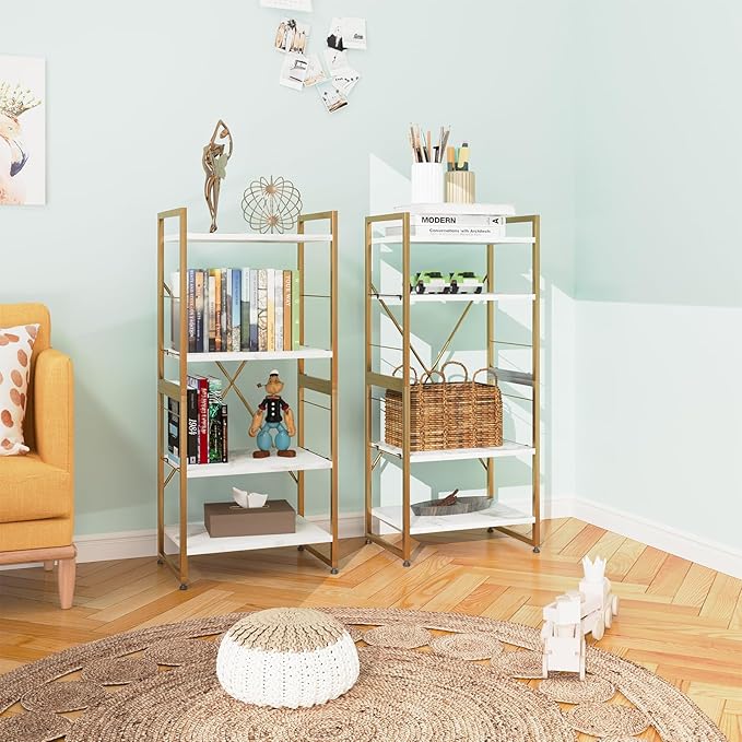 4 Tiers Bookshelf Adjustable White Faux Marble Organizer, Modern Small Bookcase for Small Space,Industrial Wooden Storage Display Rack and Storage Organizer for Living Room Home Office(Glod) - LeafyLoom