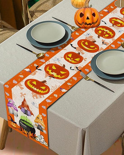 Halloween Table Runner, Halloween Table Runner 108 Inches Long, Halloween Gnomes Pumpkins Runners for Table, Black Cat Trick or Treat Decor Extra Long Burlap Runner Rug for Decorations Dining Room Unibyby