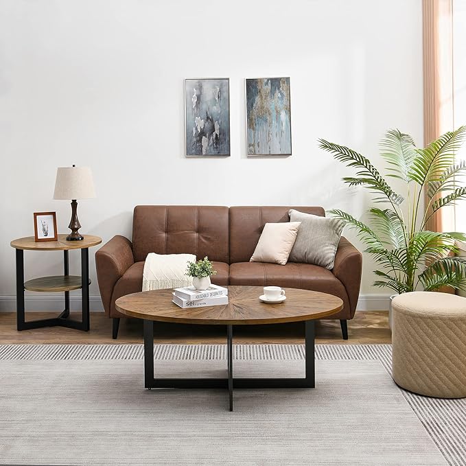 Solid Wood Oval Coffee Table with Cross Metal Legs, 47.9" Industrail Bar Cocktail Table for Living Room Kitchen Office Sofa Table Bristro Table for Cafe/Bar Rustic Brown 1831 - LeafyLoom