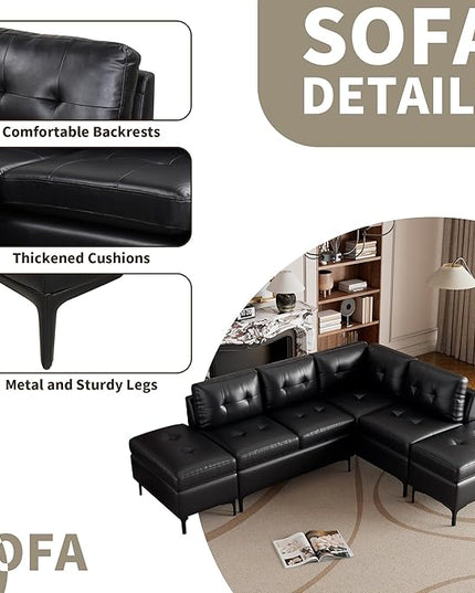 94.88" PU Leather L Shaped Sofa with Reversible Chaise Lounge, Storage Ottoman, Button Tufted Backrest&Cushion, 6-Seater Upholstered Corner Sectional Couches for Living Room Office Apartment - LeafyLoom