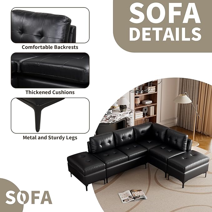 94.88" PU Leather L Shaped Sofa with Reversible Chaise Lounge, Storage Ottoman, Button Tufted Backrest&Cushion, 6-Seater Upholstered Corner Sectional Couches for Living Room Office Apartment - LeafyLoom