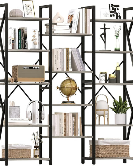 GAOMON Triple Wide 5 Tier Book Shelf, 70.8” Tall Bookcase with 14 Open Shelves, Large Industrial Bookshelves and Bookcases with Metal Frame for Home Office, Study Room, Living Room-Grey - LeafyLoom