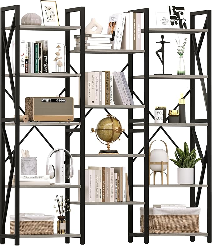 GAOMON Triple Wide 5 Tier Book Shelf, 70.8” Tall Bookcase with 14 Open Shelves, Large Industrial Bookshelves and Bookcases with Metal Frame for Home Office, Study Room, Living Room-Grey - LeafyLoom