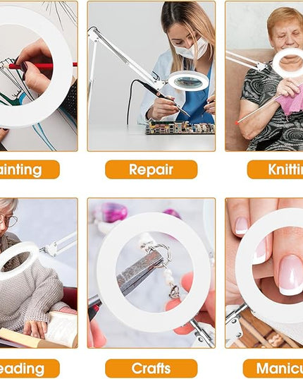 5X Magnifying Glass with Light and Stand, Desk Clip on Lamp for Reading Home Office, 48 LEDs USB Clip Ring Light with 3 Color Modes Clamp Light for Bed Headboard, Craft, Computer, Video Call - LeafyLoom